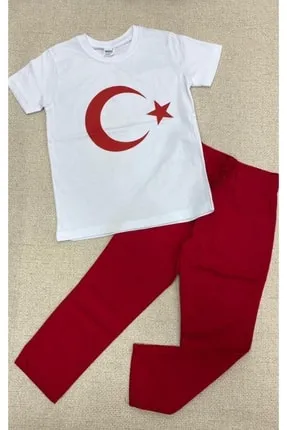 23 Nisan Bayram Erkek Kırmızı Partalon + Beyaz Ayyıldız Baskı Tişört