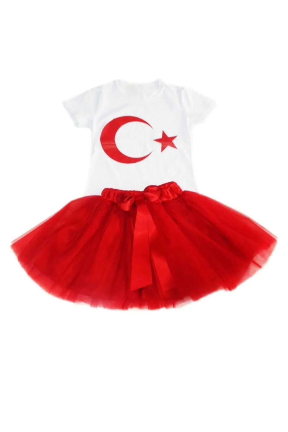 23 Nisan Bayram Kırmızı Tütü Etek + Beyaz Ayyıldız Baskı Tişört