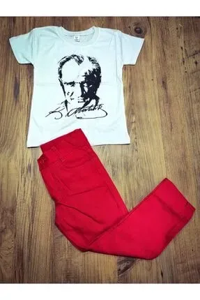 23 Nisan Bayram Erkek Kırmızı Partalon + Beyaz Atatürk Baskı Tişört
