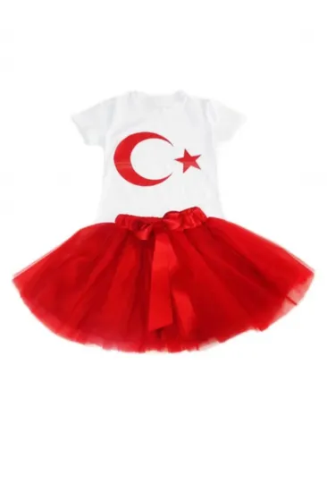 23 Nisan Bayram Kırmızı Tütü Etek + Beyaz Ayyıldız Baskı Tişört